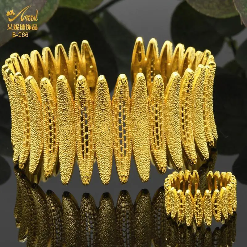 ANIID Indian 24K Gold Color Copper Bangle With Ring For Women Arabic Bridal Wedding Jewelry Gifts Middle East Luxury Bangles