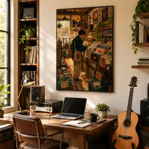 Cozy Vinyl Record Store Wall Art, Retro Music Shop Canvas Print, Indie Room Decor for Music Lovers, Vintage Poster for Bedroom, Dorm, Studio & Apartment