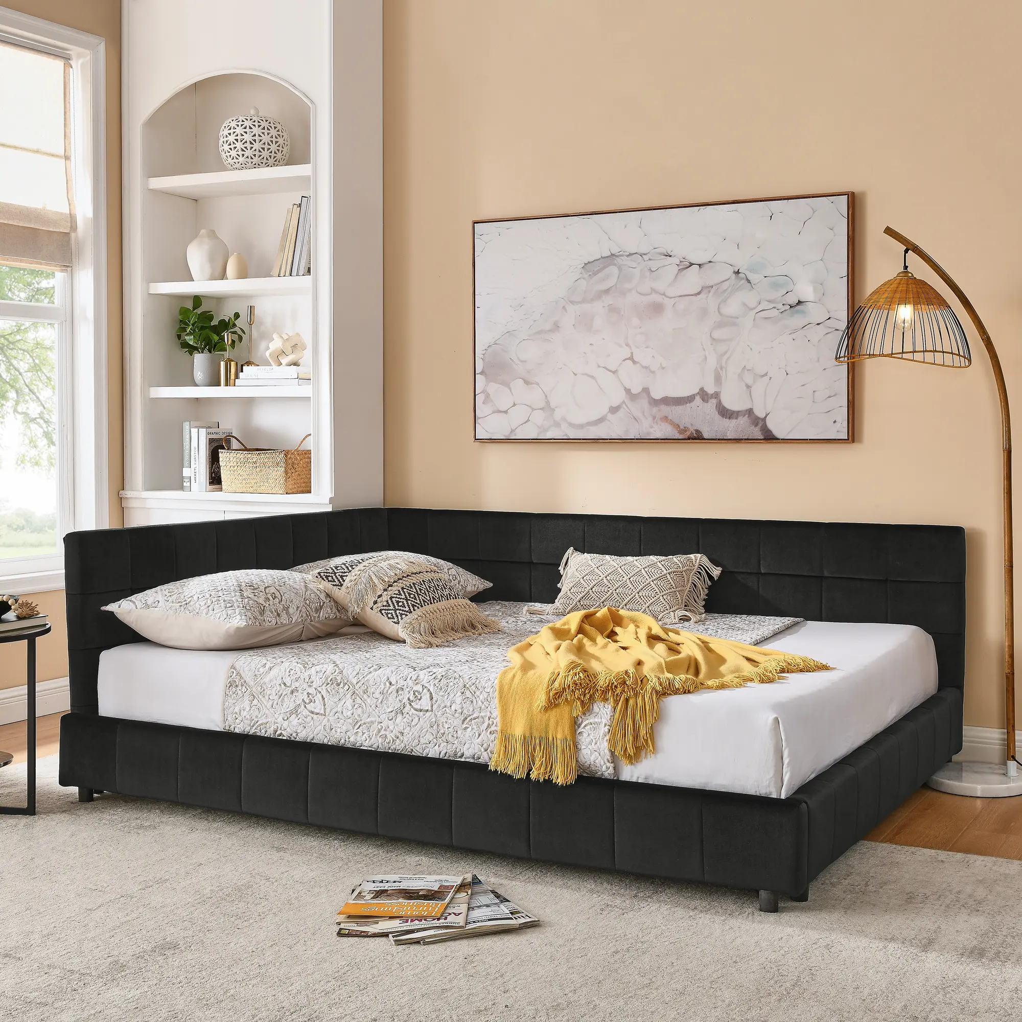 Retro Velvet Black Queen Size Upholstered Tufted Bed Frame - ARCH Design with Backrest & Armrests, Eucalyptus Wood Frame, No Box Spring Needed, Easy Assembly, 85.5x64.5x30.5in Daybed for Bedroom, sohochic