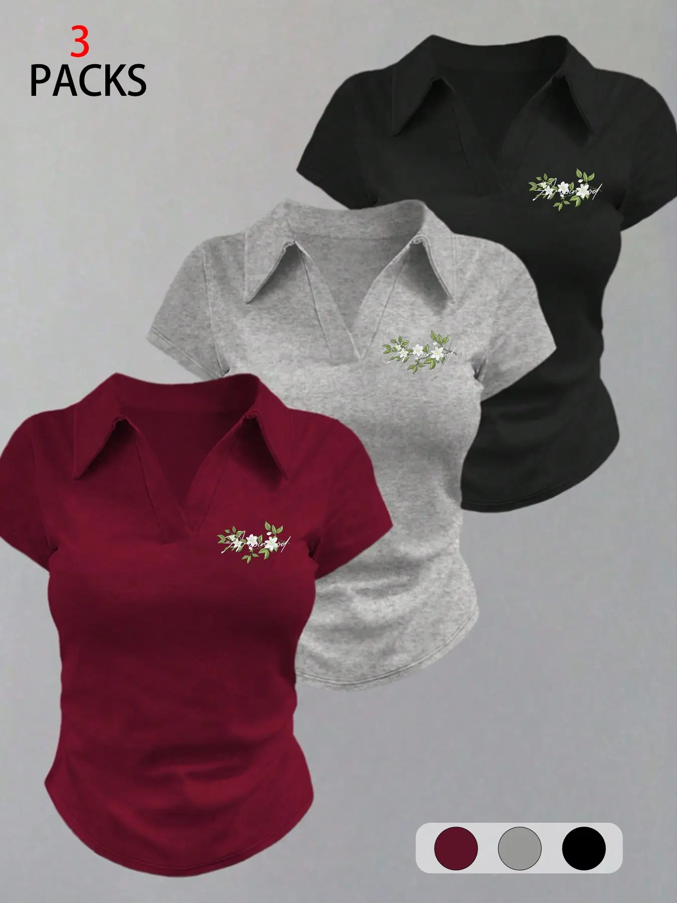 3 Packs Women Lapel V Neck Short Sleeve Printed Polo Shirt, Floral Branch Print, Slim Fit, Casual Daily Wear, Retro Style, Multipack