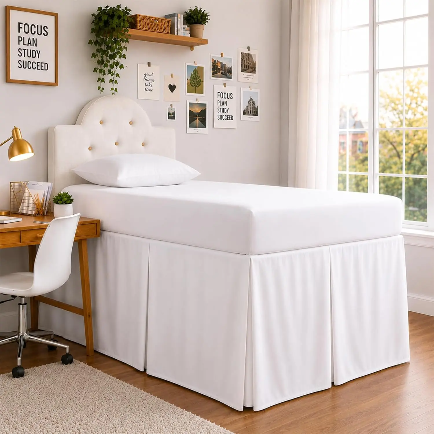 Long Pleated Dorm Bed Skirt, Twin XL 32 Inch Drop, Box Style with Split Corners, 100% Microfiber College Room, White