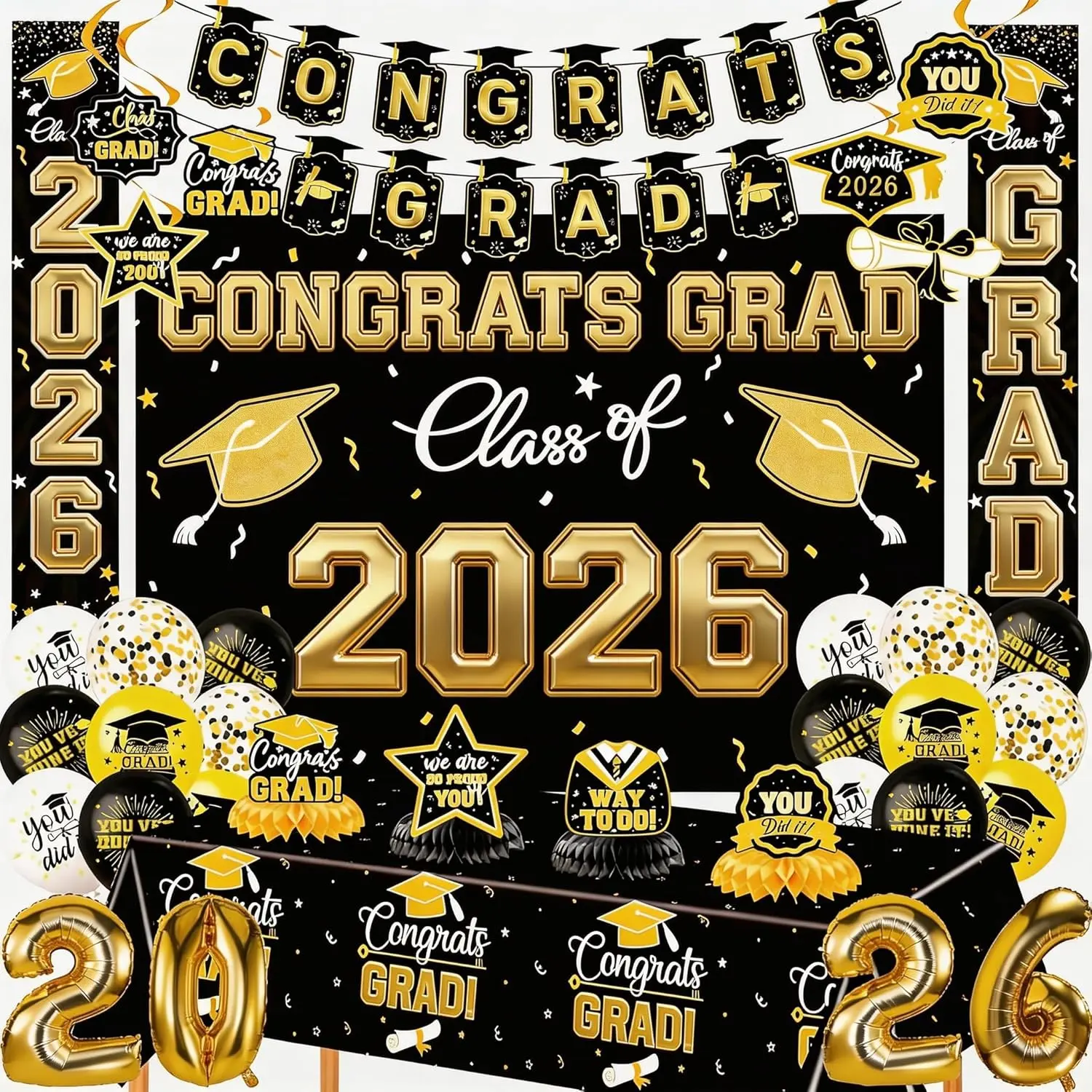 Class of 2026 Graduation Decoration Kit, Black and Gold Party Supplies Set with Congrats Grad Banner, Photo Backdrop, Balloons & Table Centerpieces, Wall, Backdrop Style Design, High-Contrast Photo Booth Background