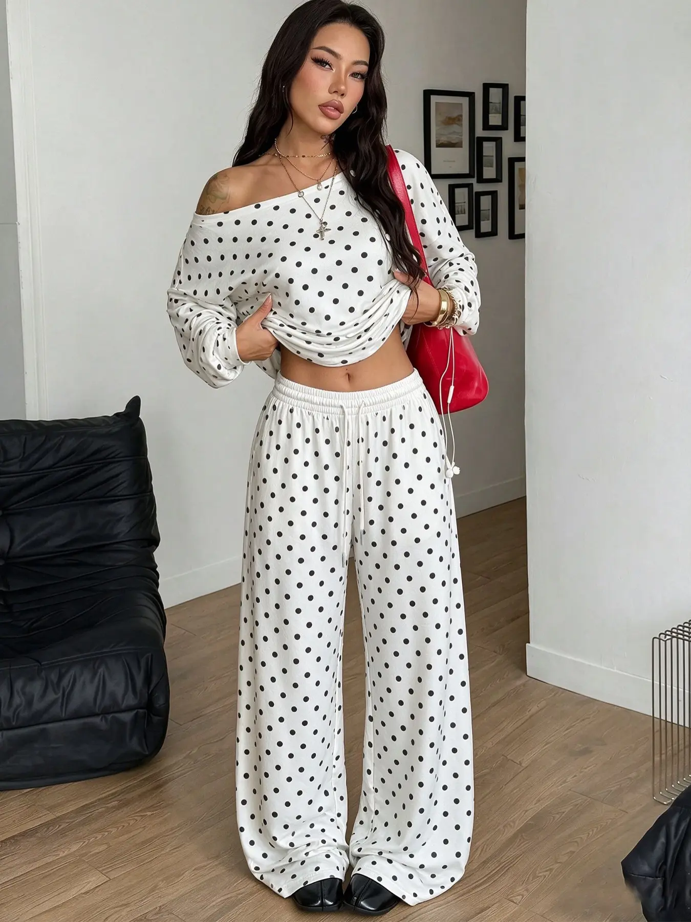 New autumn off-shoulder polka dot long-sleeve and long pants set, made of soft stretchy fabric, featuring stylish vintage polka dot print, a versatile daily casual home outfit for women #OOTD #PolkaDotSet