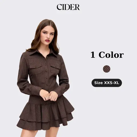 Cider Mini Dress – Preppy Academia Aesthetic Women's Office Work Daily Casual Gown, Striped Button Up Layered Ruffle Hem Long Sleeve Dress for