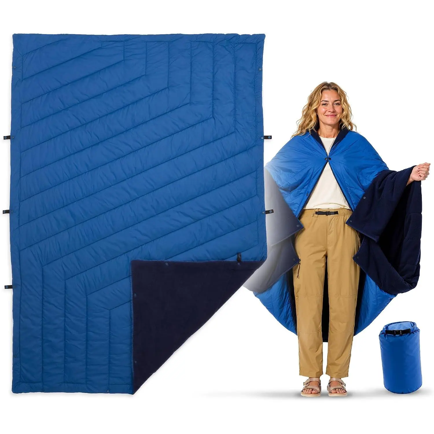 Wearable Puffy Camping Blanket, 55x79 in, Soft Fleece Lining | Packable, water-resistant outdoor blanket with snaps; converts to a poncho, sleeping wrap, or quilt for camping and travel