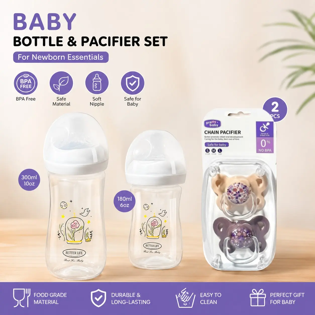 Pretty Baby Infant Bottle Set, 4 Pieces, No Handle Bottles, 300ML/180ML PP Bottles, 2pcs Nipples, Unisex, Safe & Durable Design