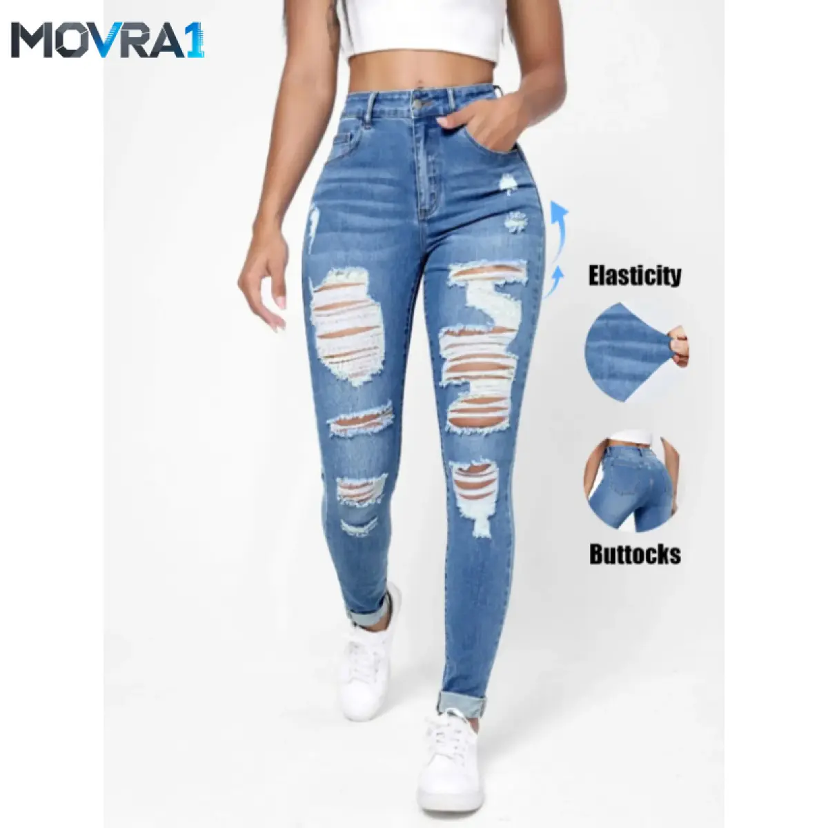 MOVRA1 Women's Waist Ripped Slim Skinny Fit Button Fly Jeans Pants, Elastic Vintage Button Front Rise Jeans with Button and Pocket, Butt Lifting Design, Casual Streetwear Fashion Womenswear Daily Wear