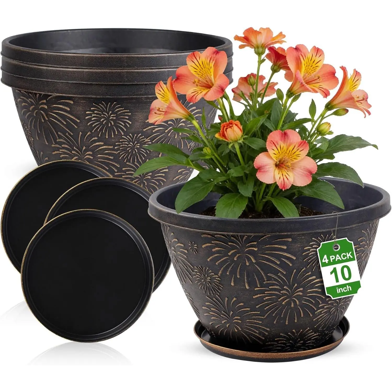 4 Pack 10 Inch Flower Pots with Drainage Holes and Saucers, Plant Pots for Indoor Outdoor Plants,Antique Gold Firework Embossed Plastic Planters for Balcony Patio Porch Garden Decor