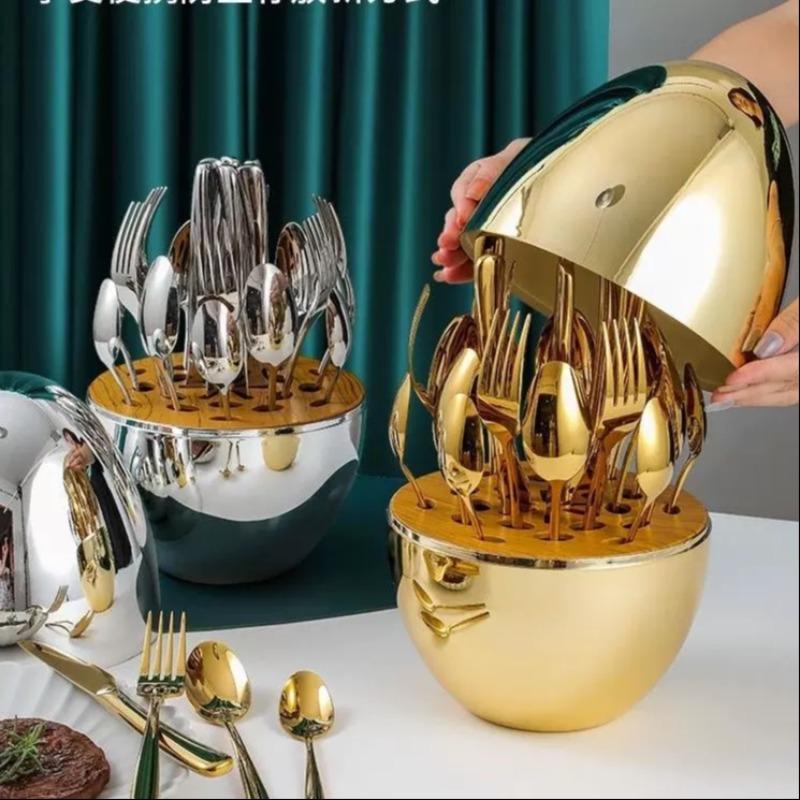 Christmas 24-Piece Stainless Steel Knife Fork Spoon Set with Color Box, High-End Luxury Home Dining, Family Gathering, Gift Choice, Dinnerware Service Set, Utensils, Tableware Set