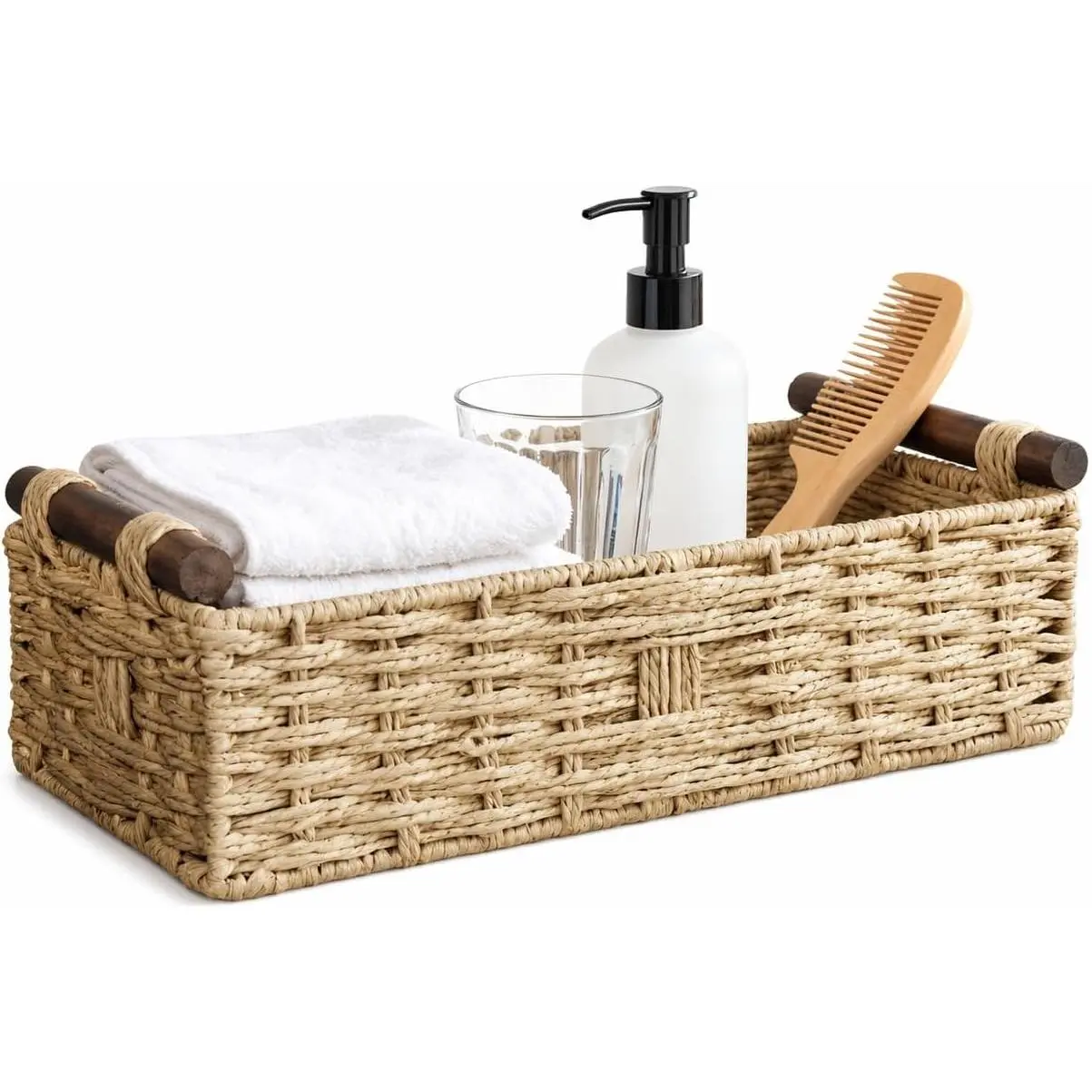 Woven Bathroom Basket with Wood Handles — Toilet Paper Storage Organizer, Back of Toilet Basket, Natural Wicker Basket for Tank Top, Countertop or Shelf