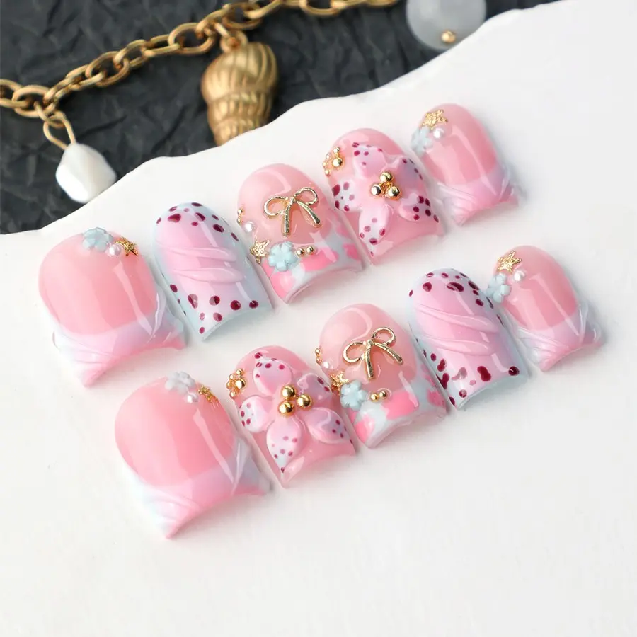 10pcs Handmade Press-On Nails, Acrylic Gel Nail Tips, Removable False Nails, 3D Flower Butterfly Leopard Design, Reusable, Y2K Style, Perfect for Parties