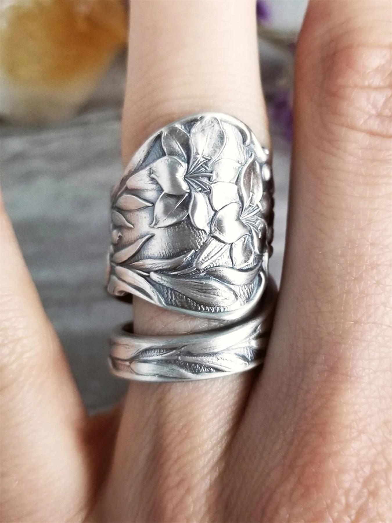 Mother's Day Gift Flower Engraved Copper Ring, Vintage Spoon Ring, Fashion Jewelry for Party, Daily Clothing Decor, Trendy All-match & Exquisite Wedding Party Jewelry Gift