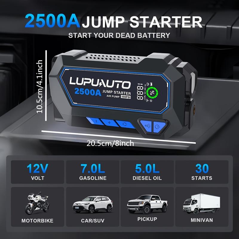 LUPUAUTO 2500A Portable Wireless Air Compressor Jump Starter with Digital Tire Inflator 150PSI Battery Pack USB Input Output LED Emergency Accessories Tools