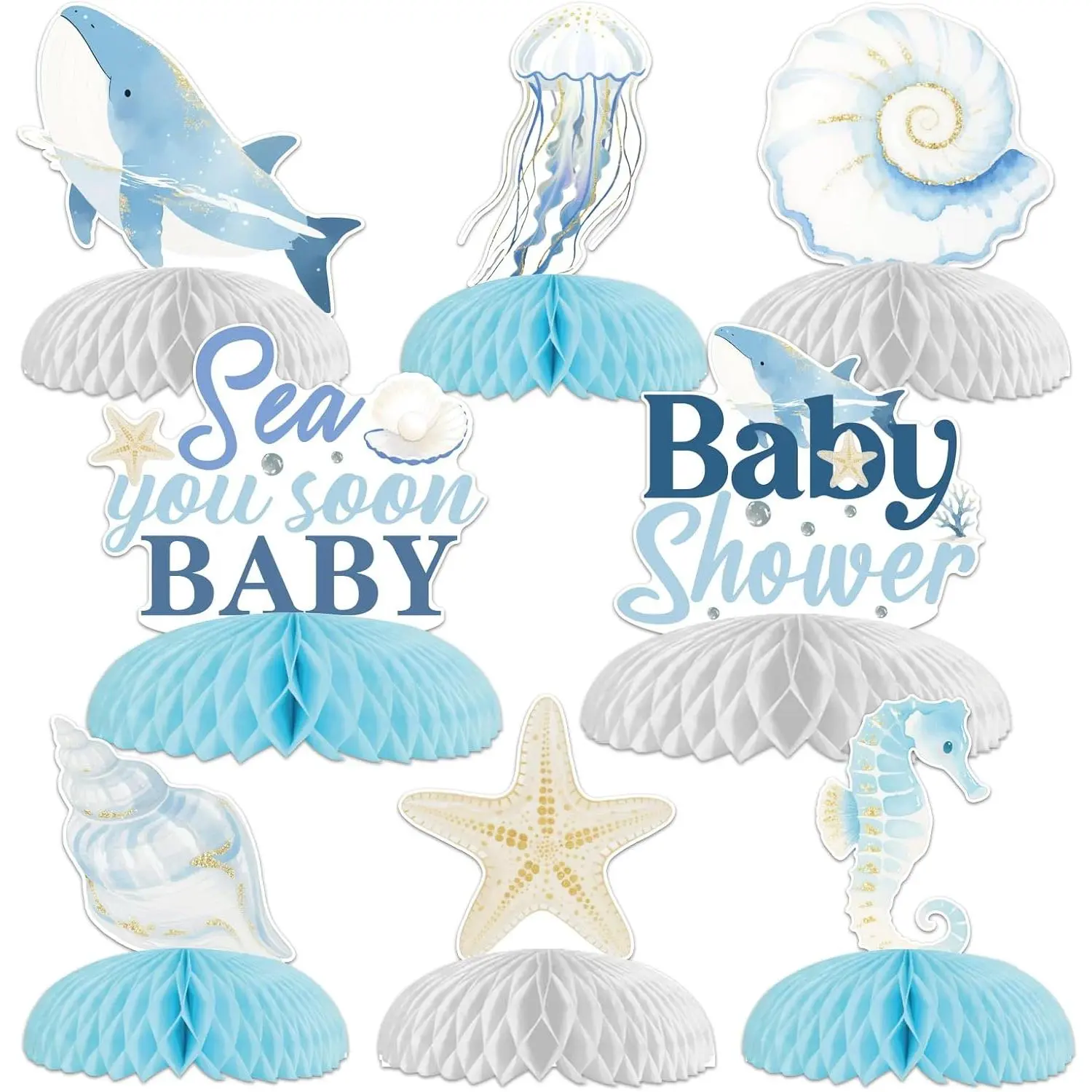 Sea You Soon Baby Shower Decorations 8Pcs Ocean Theme Honeycomb Centerpieces Whale Seahorse Starfish Shell Table Toppers for Under The Sea Baby Shower Supplies