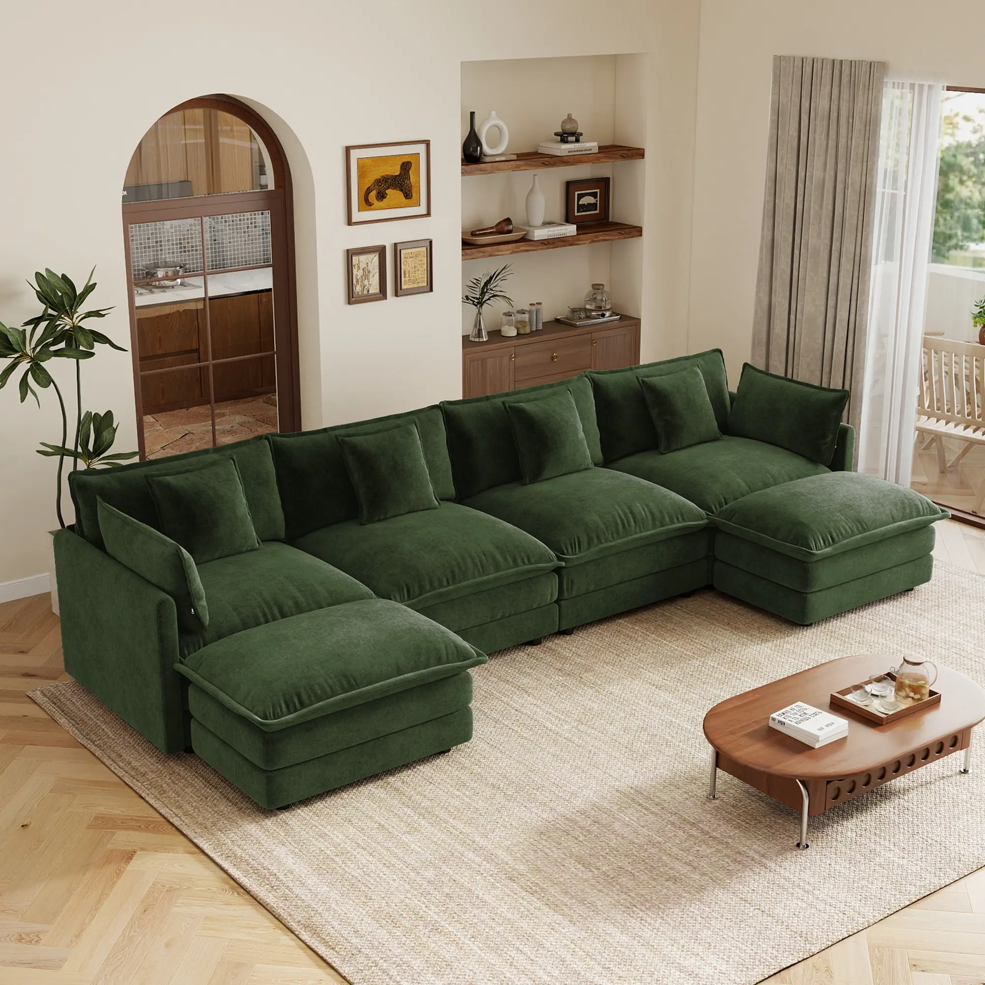 ARCH Oversized U-Shape 4-Seater Modular Chenille Sectional Sofa with 2 Ottomans & Pillows, Modern Upholstered Couch for Living Room, Comfy Sponge-Filled Seat, Easy Assembly, Green Color Option, Four-Seater