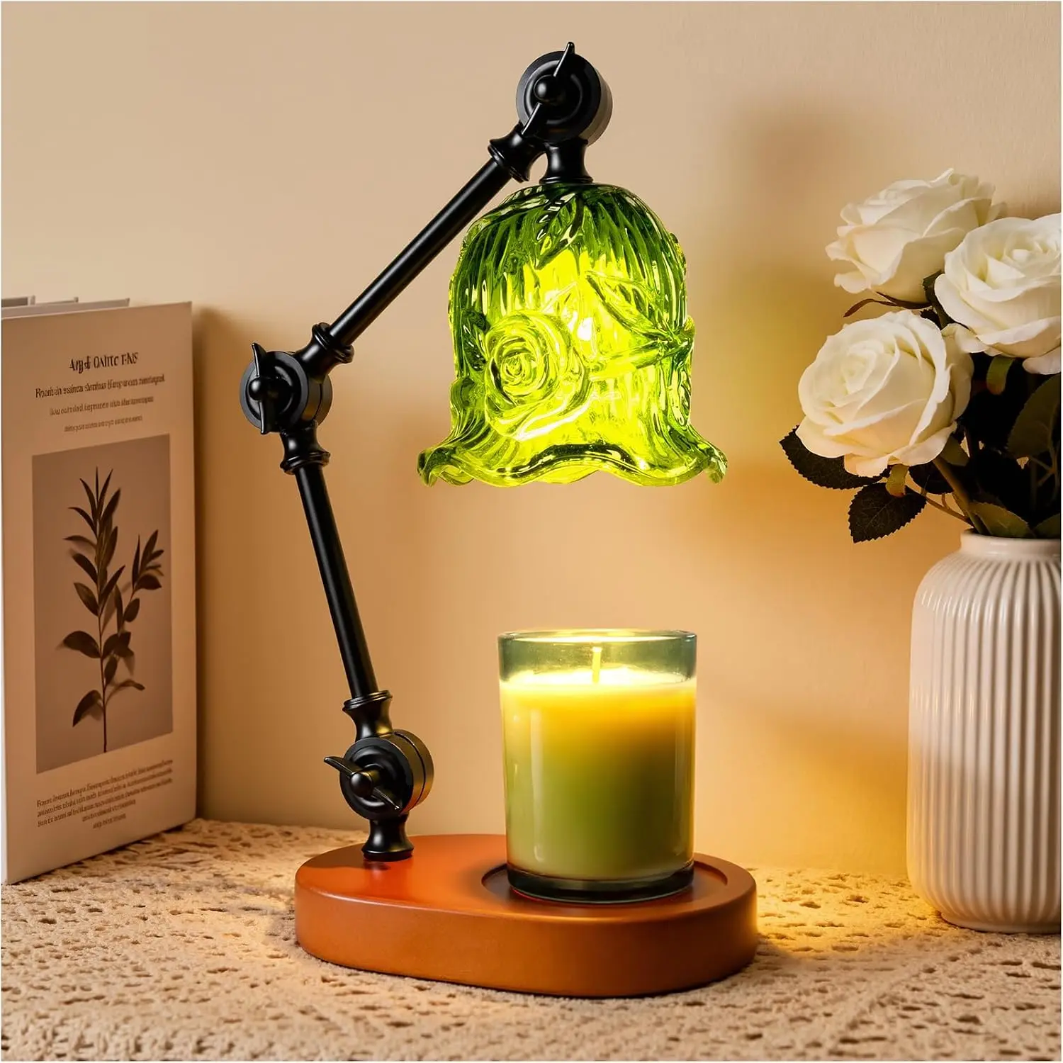 Candle Warmer Lamp, Dimmable Wax Melting Warmer with Adjustable Height, Bedroom Living Room  Decor, Birthday Relaxation Gifts for Women (Green, Flower)