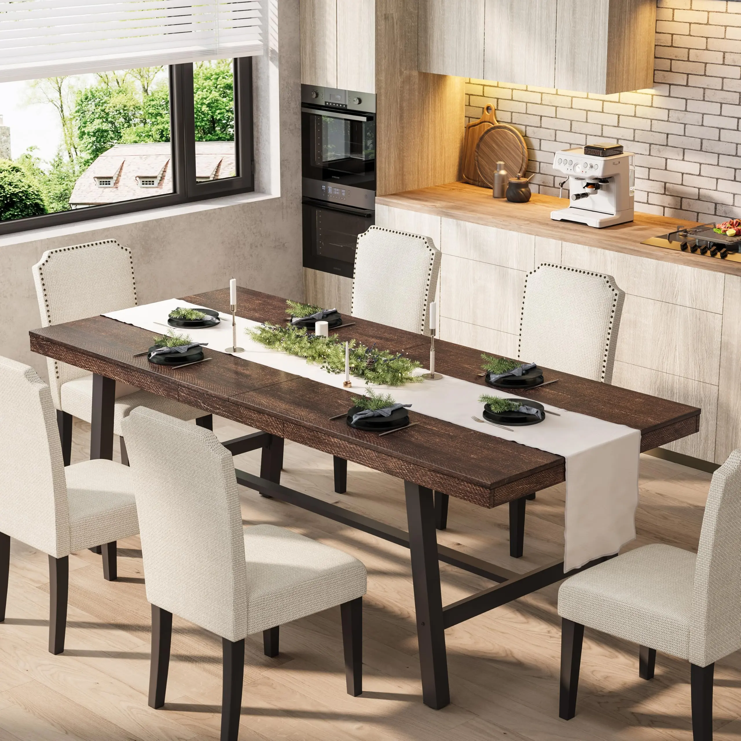 Garvee Industrial Dining Table - 78.74in Extra Wide Rustic Birch Laminate Top, Heavy-Duty Construction Metal Legs (350lbs Capacity), Adjustable Leveling Feet, Easy-Care Laminate Top, Fits 6-8 People for Dining Room, Home Office