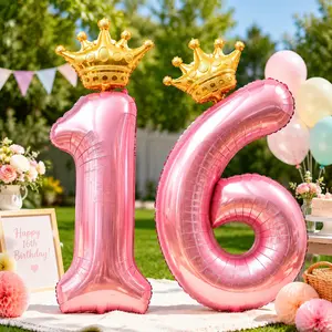 16 Number Balloons with Crown Aluminum Foil Ball, Birthday Photo Props, Indoor Outdoor Party Decorations