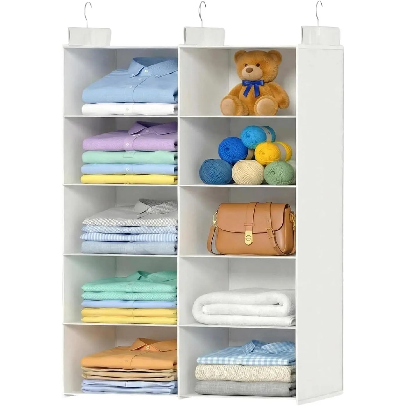 White 5-Tier Hanging Closet Storage Organizer - Space-Saving Dual-Row Foldable Shelves with 3 Hooks, Wardrobe Organizer for Dorm, Bedroom, Clothes and Accessories