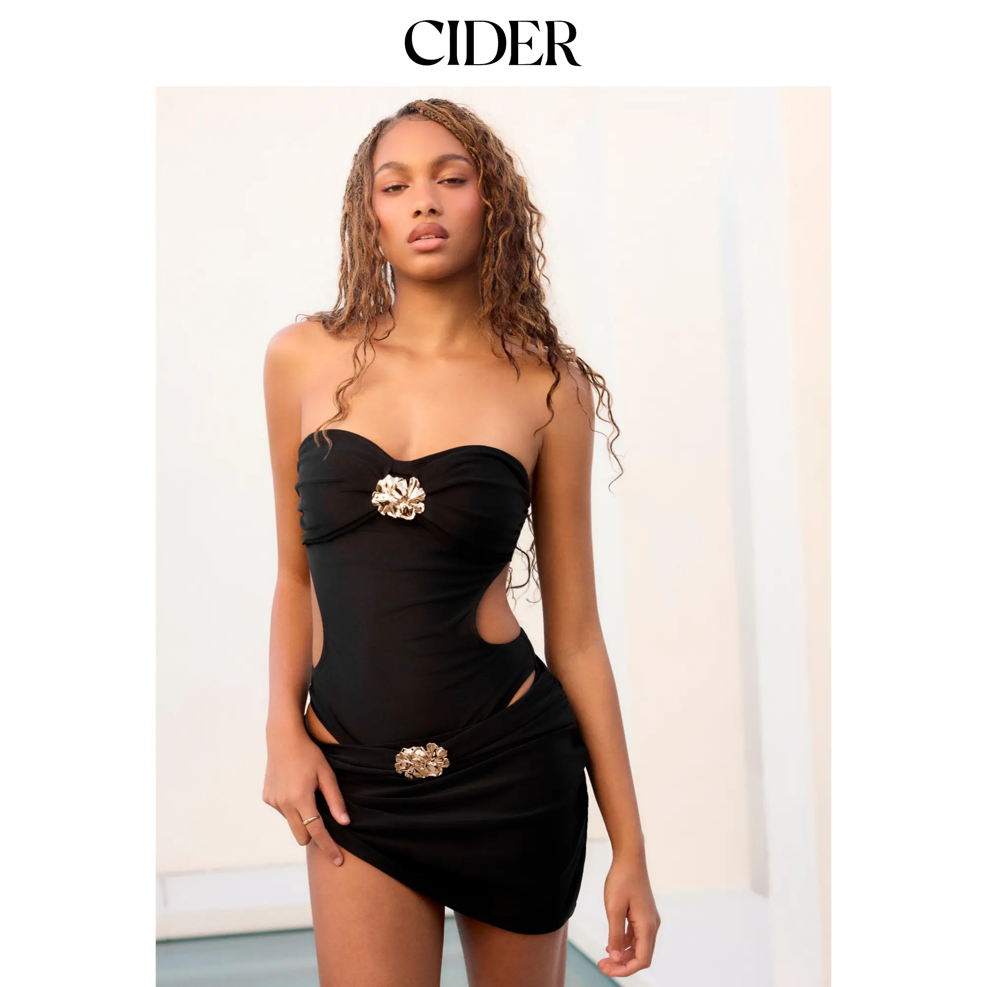 Cider Halter Neckline Flower Detail Cut Out One Piece Swimsuit & Cover Up Skirt Set