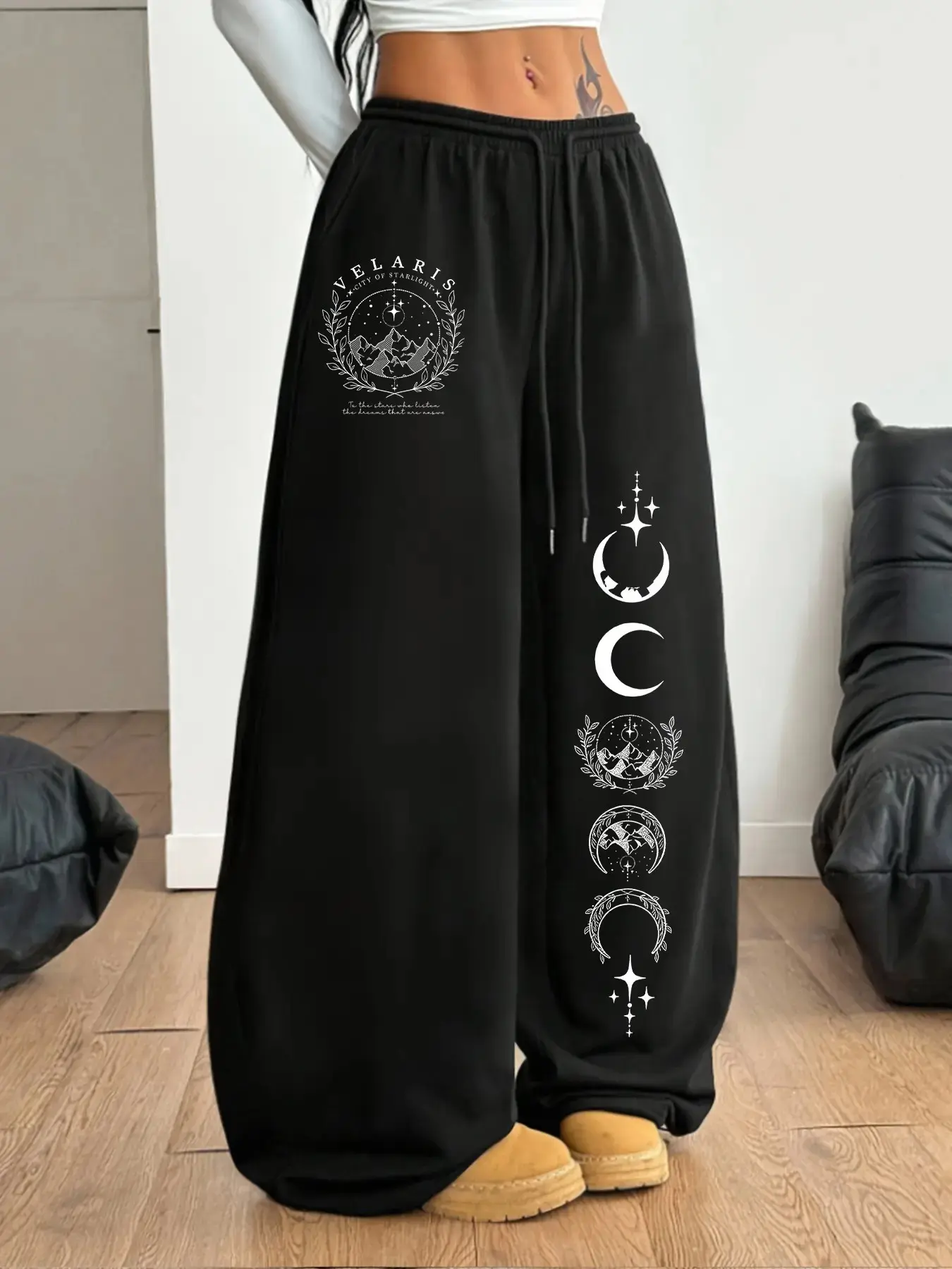 Women Velaris City Of Starlight Moon Phase Print High Waist Wide Leg Sweatpants, ACOTAR Fantasy Bookish Loose Drawstring Streetwear Pants, Cozy Oversized Gothic Celestial Pattern Casual Trousers For Book Lovers, Casual Comfy Baggy