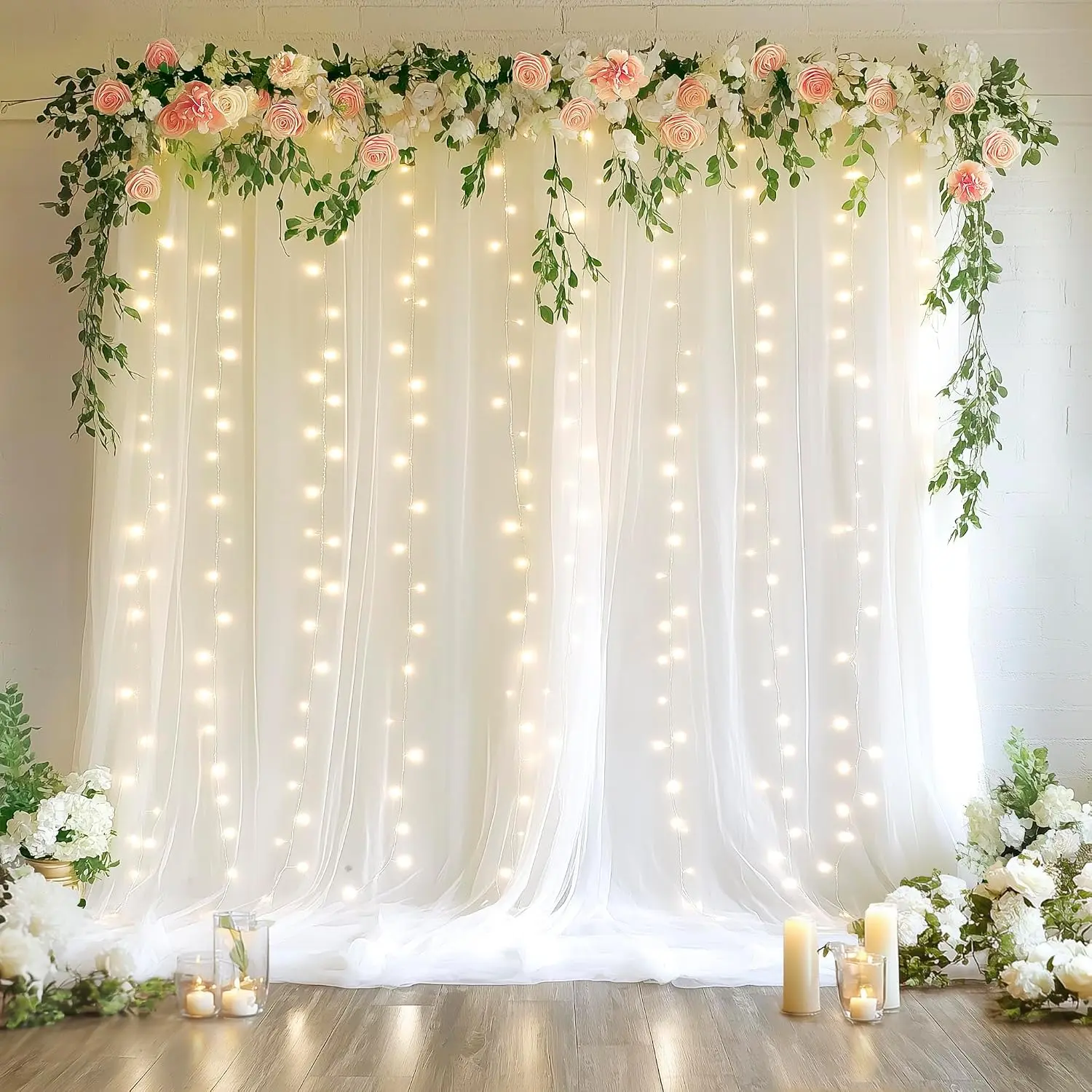 Tulle Backdrop Curtains with Lights 10x8ft Sheer White| Tulle Curtains Backdrop Sheer Backdrop Curtains for Parties, Wedding Birthday Baby Shower Photo Shoot Decors(2 Panels 5x8ft)
