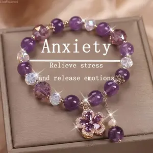 Natural Amethyst Crystal Bracelet For Women Girls Faceted Quartz Synthetic Zircon Flower Pendant Quiet Luxury Coquette Aesthetic All Season Daily Wear Beaded Jewelry Gift
