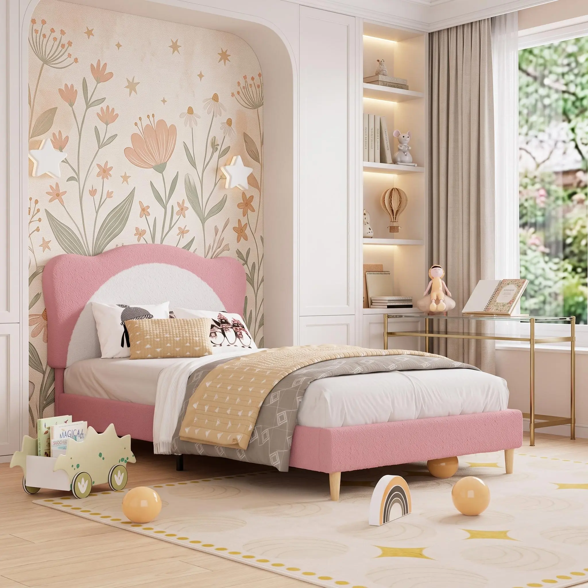 Kids Upholstered Platform Bed Frame - Velvet Princess Bed with Panda Tufted Headboard, Wood Slat Support, Noise-Free, No Box Spring Needed - Twin/Full, Gray/White or Pink/White