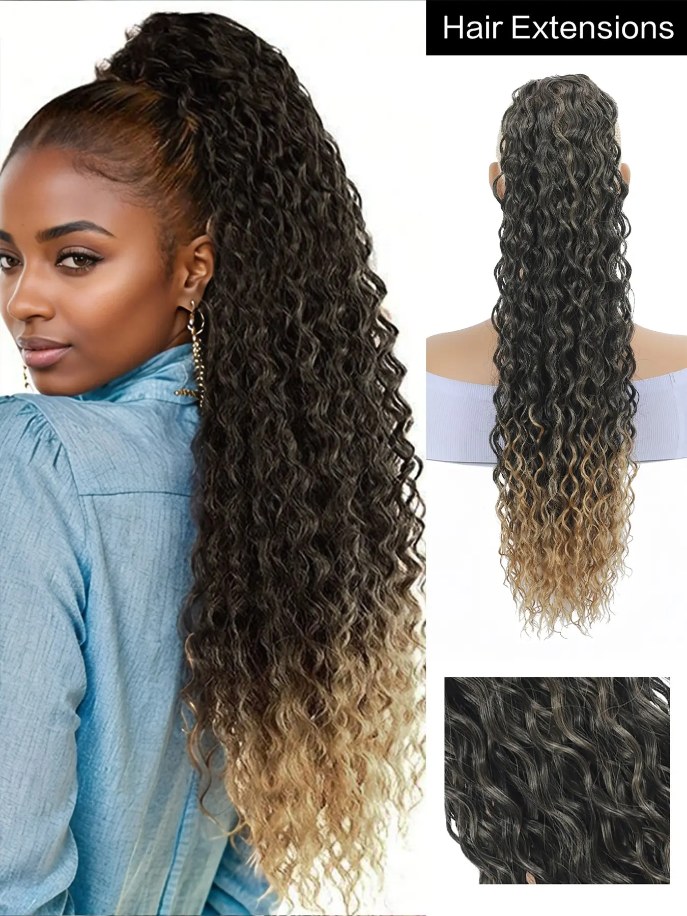 Black-Brown Ombré/Dark Brown Women's Ponytail Extension – 22-Inch Bohemian-Style Drawstring Ponytail – Long Curly/Wavy Style – Natural-Texture Synthetic Fiber – Stylish Hair Accessory for Daily Wear, Parties, Music Festivals, and Carnivals