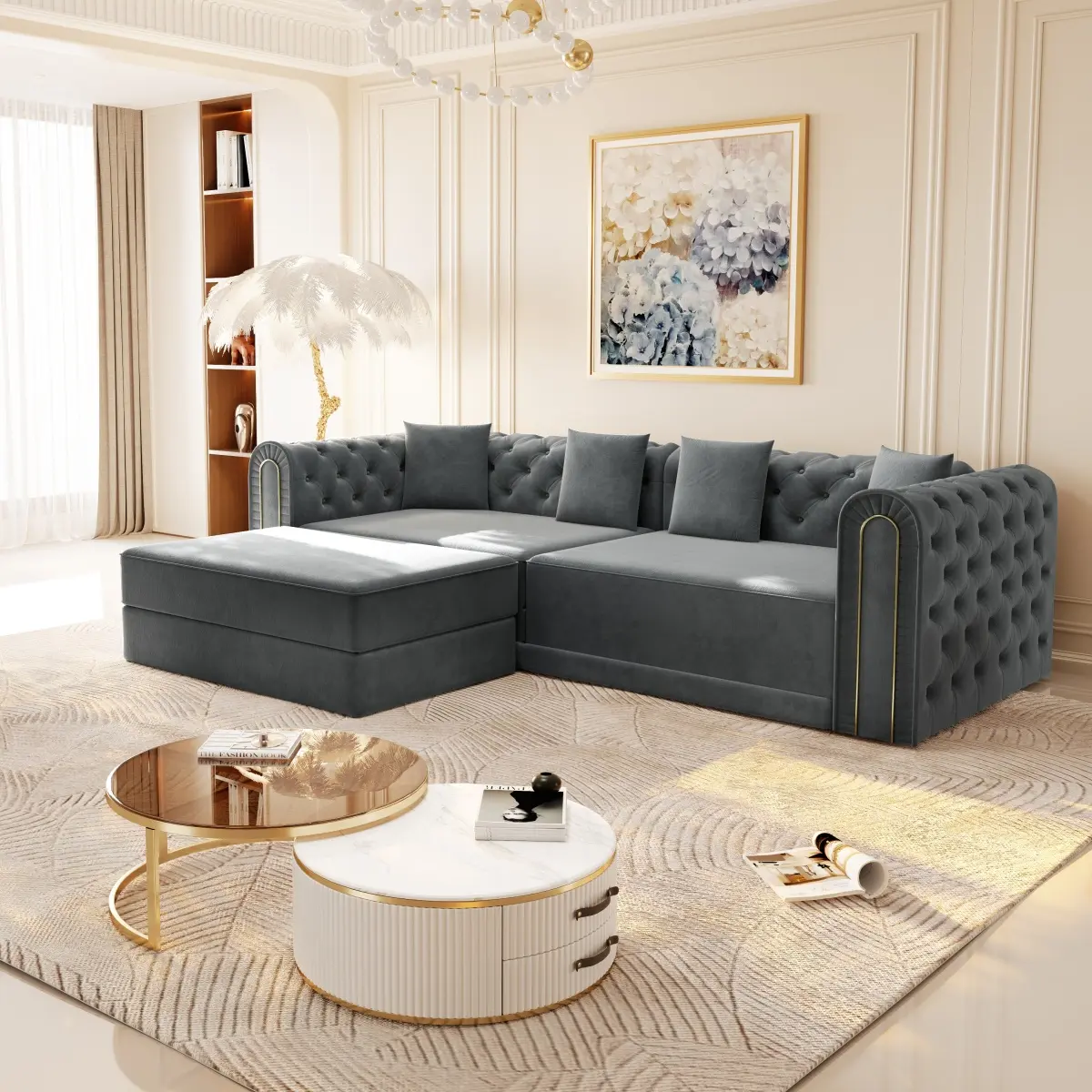 Aobtkel 3-Seat Convertible Sofa Bed - 90.6in King Size Velvet RR Cotton Couch, Button Tufted, Gold Edge Trim, Movable Ottoman, 78"w x 74"l x 7.9"h, Space Saving Furniture, Easy Setup for Sofas Living Room, Apartment (124.52 Lbs)