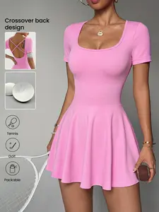 Women's Sporty Tennis Dress with Padded Bra, High-Waisted Slim Fit, Breathable Quick-Dry Fabric, Ideal for Golf & Fitness