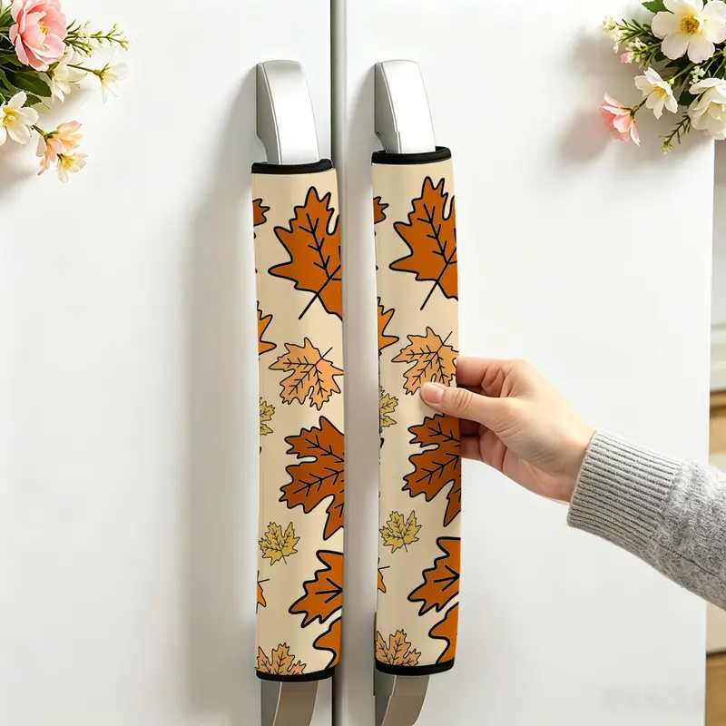 2pcs Autumn maple leaf pattern refrigerator handle decorative cover, perfect for Fall themed, autumn Halloween and Thanksgiving American country kitchen decorations, complements American country, Thanksgiving home decor styles