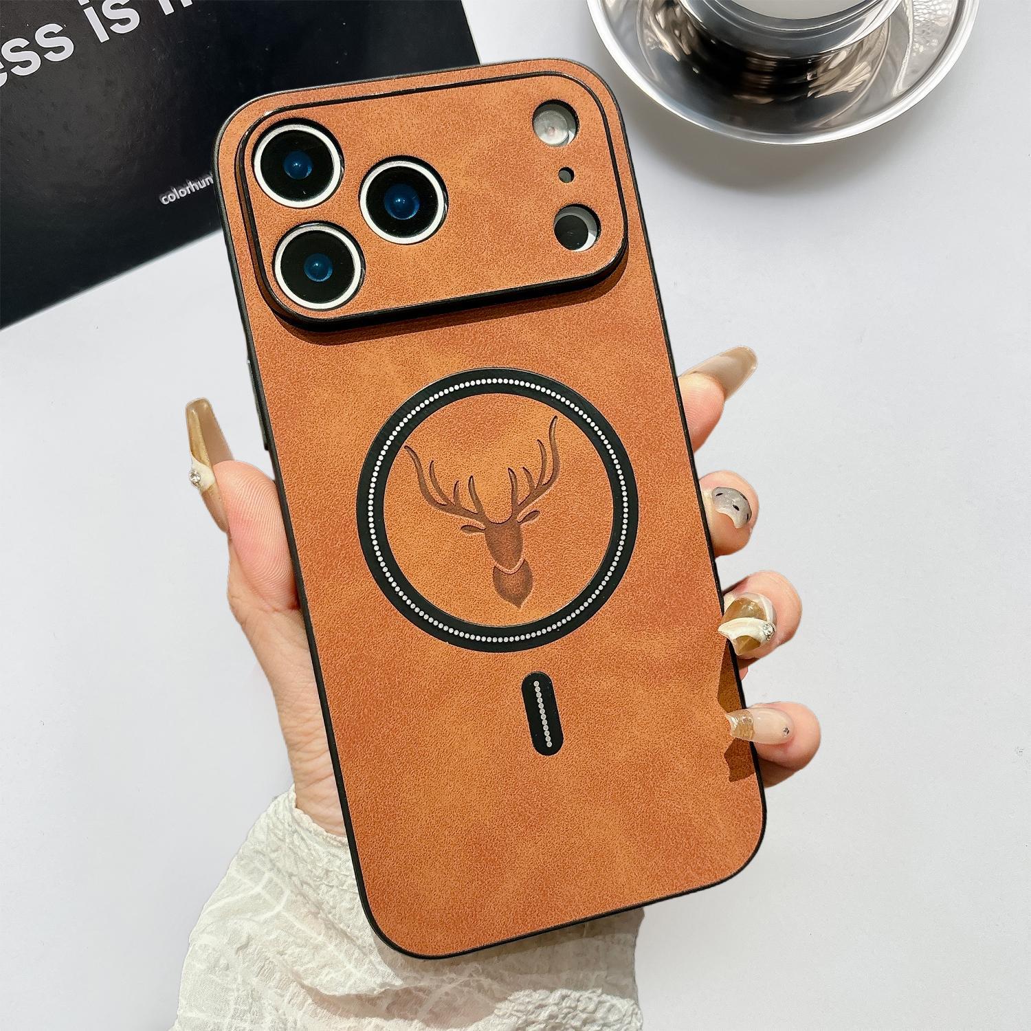 [Free!!Ship!] Mag Safe Classic PU Leather Case for iPhone 17 Pro Max 16 Plus 15 14 13 Matter Fawn Pattern Shockproof Protection Phone Cover