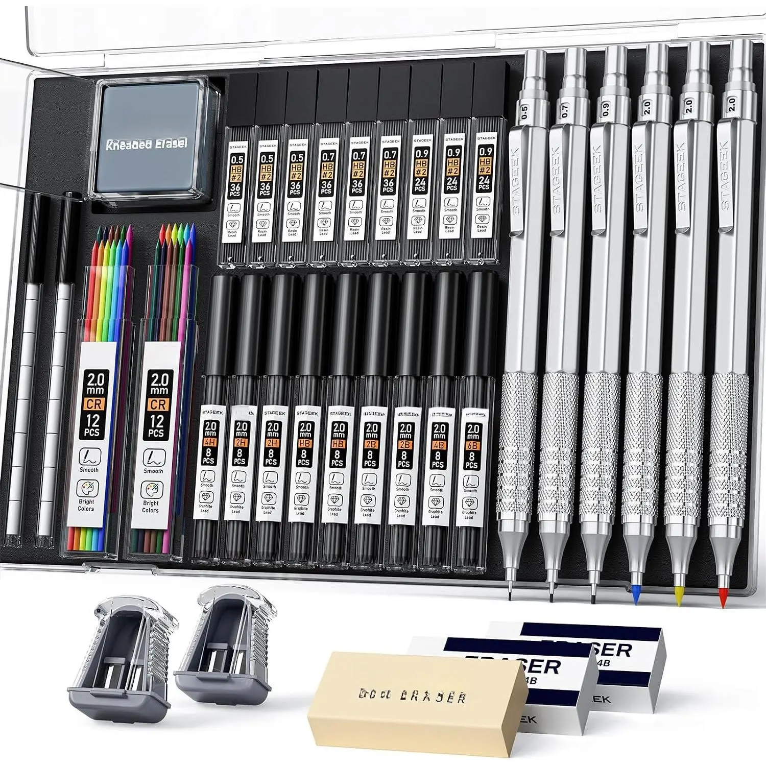 35 count Art Mechanical Pencil Set with Case, 0.5 0.7 0.9 2.0 Graphite Metal Drawing Drafting Pencils, Sharpener Erasers 384 count Lead Refills (6B 4B 2B HB 2H 4H Colors)Pencils for Writing Sketching,