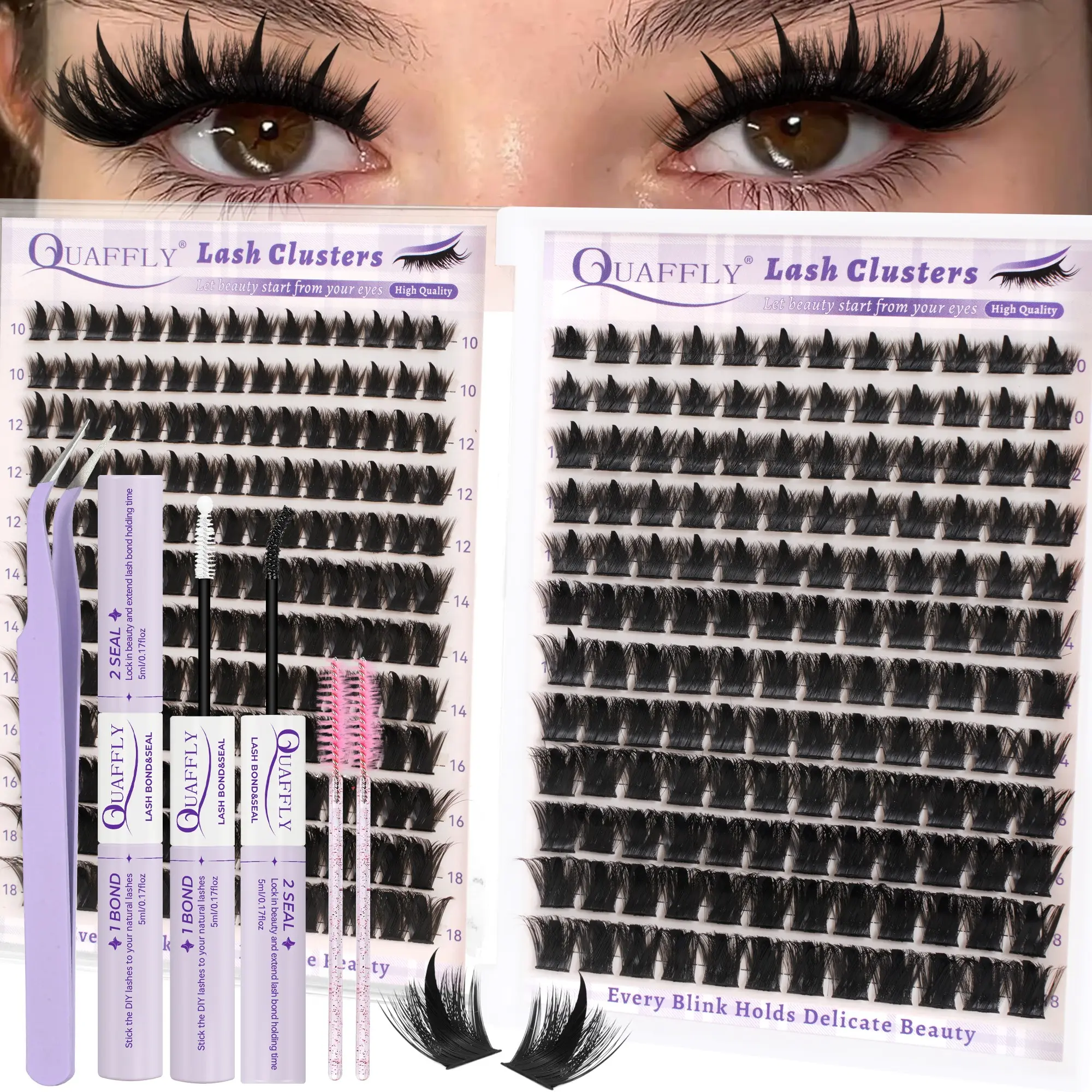 QUAFFLY Lash Clusters Kit 120+150D 324Pcs D Curl Volume & Manga Eyelash Clusters Kit 10-18MM DIY Thick Lash Extensions Kit With Lash Bond&Seal Tweezers Brush*2 for Beginners