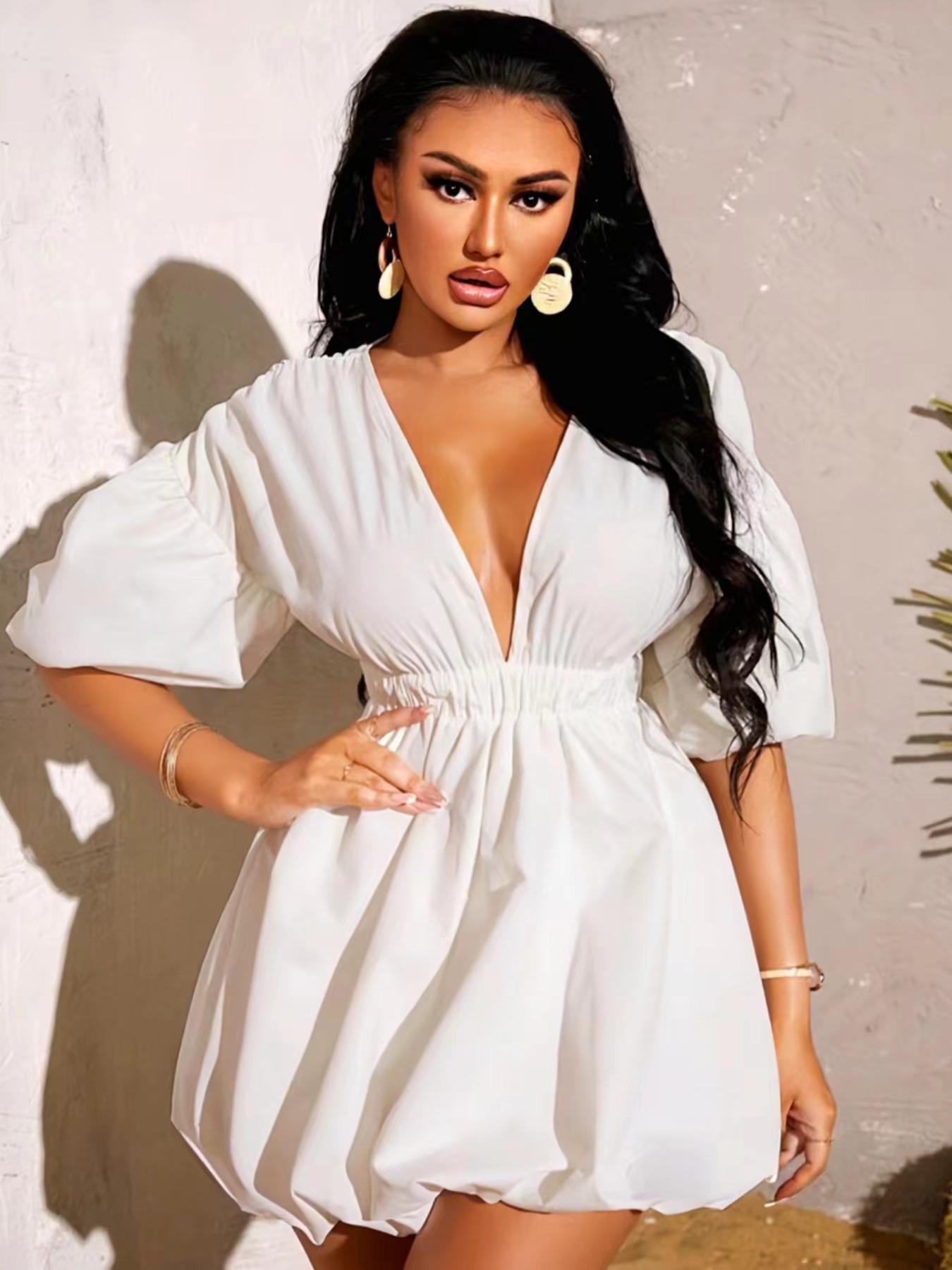 Women's Plain Puff Sleeve Deep V Neck Dress, Fashion Casual Short Sleeve A Line Mini Dress for Daily Outdoor Wear, Women Dress for Spring Fall, Womenswear