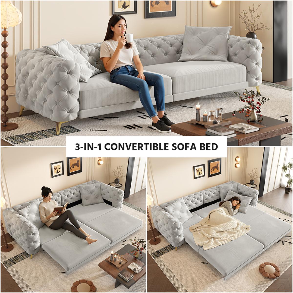 97.7" 3-in-1 Convertible Sleeper Sofa,28.4" Deep Seat Pull Out Sofa Bed,Button Tufted Modern Sofa,4-Seater Couch with Movable Ottoman  for Apartment,Office,Bedroom,Light Grey(Old SKU:W1885S00203)    RR