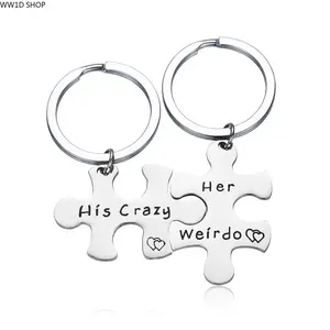 Couples Matching Keychain Set for Men and Women, Stainless Steel Engraved Pendant Accessories with Puzzle Design for Keys, Bags and Daily Carry