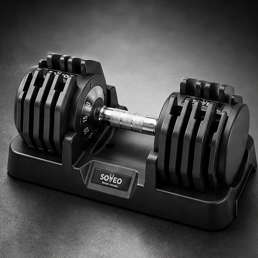 Adjustable Dumbbell 5-55 lbs Single Weight, Quick Adjust Compact Iron Design with Non-Slip Knurled Handle and Storage Base for Home Gym Strength Training, Full Body Workout, Resistance Training, Adjustable Dumbbell Handle Weight Lifting, Arm Strength Trai