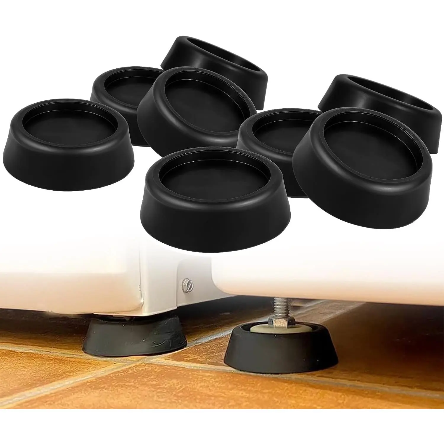 Anti Vibration Pads for Washing Machine, Dryer, Refrigerator, Table, Sofa, Bed & Other Furniture - Black Rubber Round Pads (Set of 8)