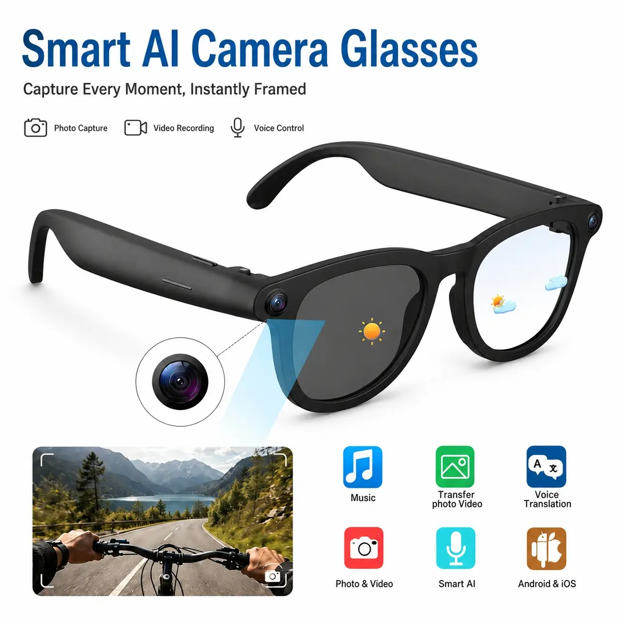 Photography AI intelligent Bluetooth glasses, capable of recording photos and videos, UV protection, blue light filtering, enhanced lighting, real-time language translation, AI Glasses With Camera