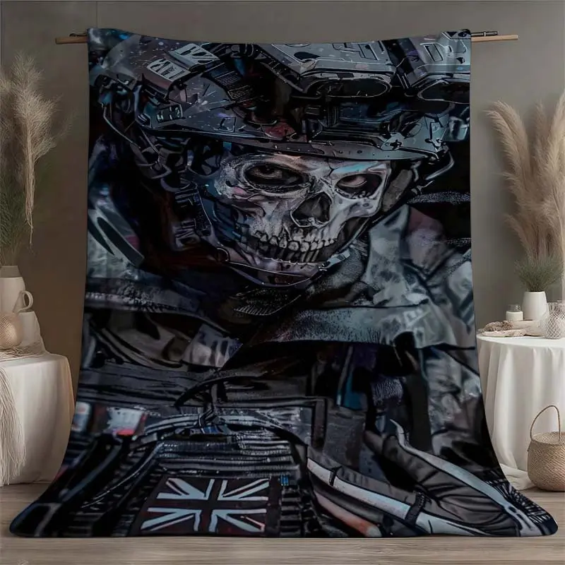COD Ghost Operator Flannel Blanket Call Of Duty Skull Soldier Portrait Throw Blanket UK Flag Tactical Gear Sofa Bed Blanket For FPS Gamer Fans