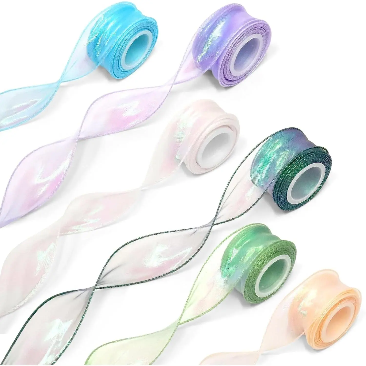 Ribbons for Gift Wrapping, 6 Rolls 1.57Inch Transparent Ribbon Christmas Iridescent Ribbon, Dreamy Tulle Ribbons for Crafts Wedding Christmas Invitations Bouquet Crafts Decor