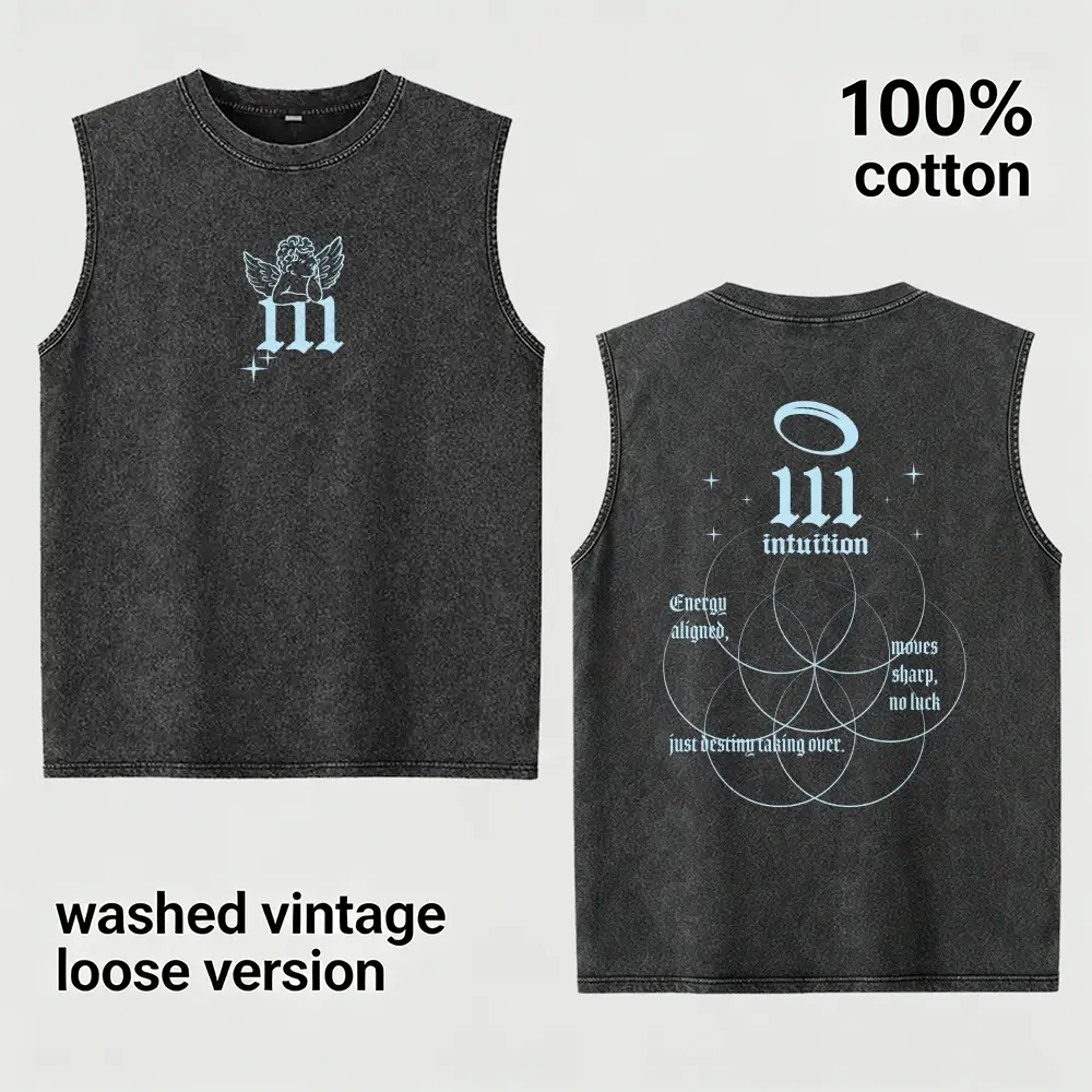 Vintage Acid Washed Cotton Sleeveless Tank Top Loose Double Sided Light Blue 111 Angel Cherub Spiritual Flower Of Life Print Retro Muscle Vest For Men Women