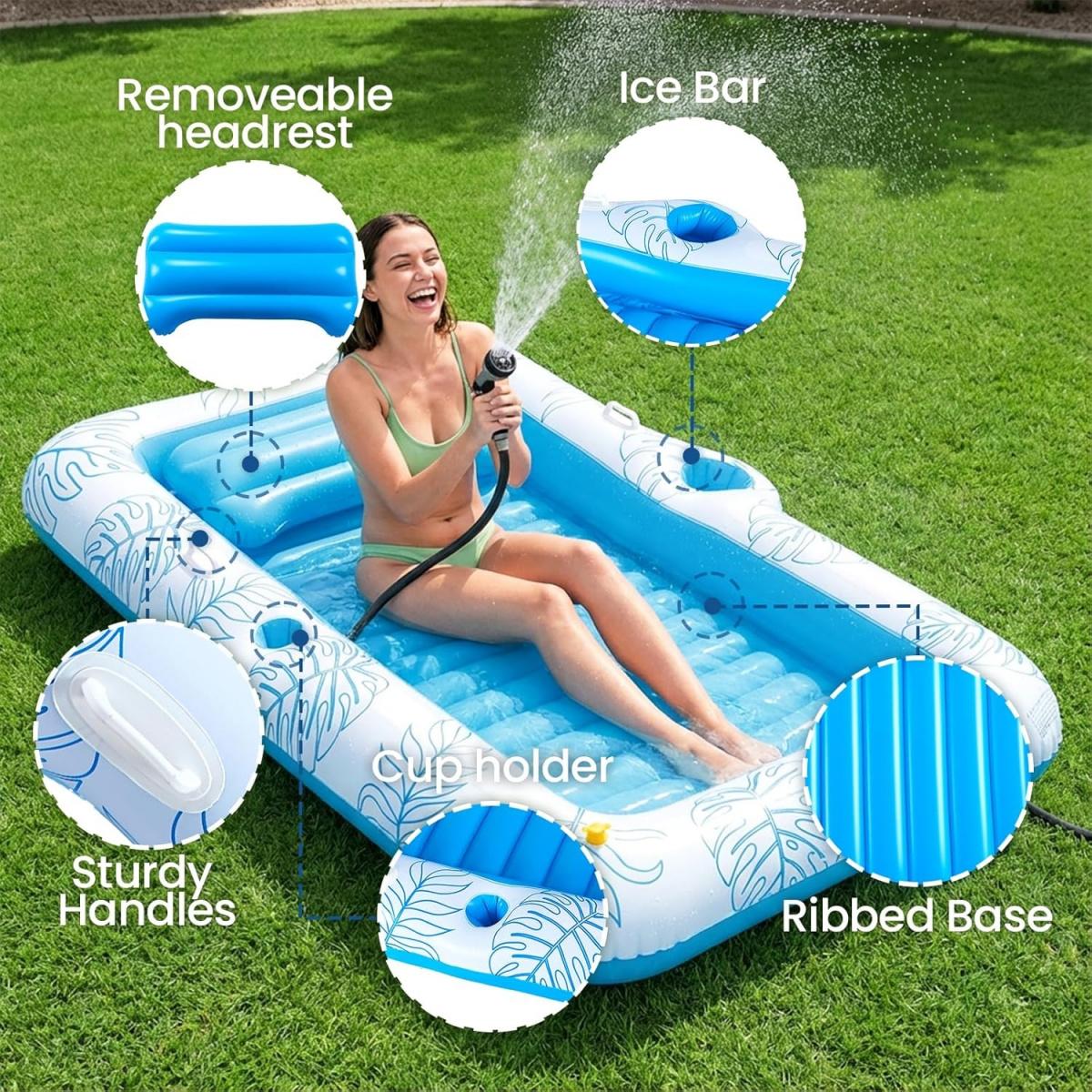 83'' x 50'' Inflatable Tanning Bed Pool Lounger, 2-in-1 Tanning Floating Rafts for Adults, Beach Backyard Personal Sunbathing Pool with Cup Holder, Ice Tray and Sprinkler (330lbs Capacity)