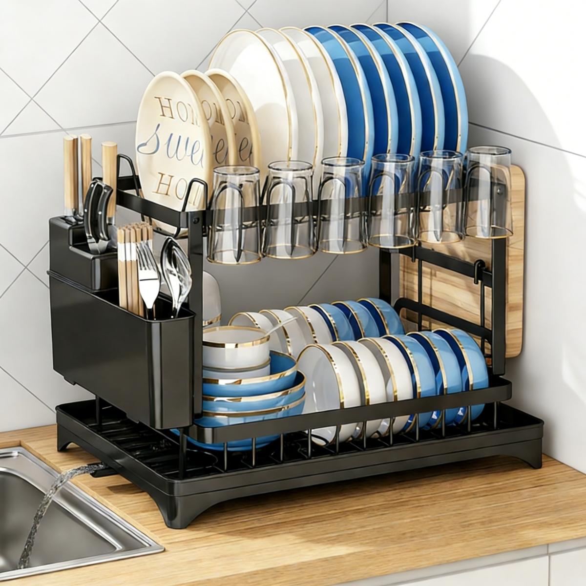 CookSide Dish Drying Rack, 1 Count 2-Tier Dish Rack With Drainboard, Dish Drainer Rack, 2-layer Foldable Tableware Drain Storage Rack, Kitchen Accessories, Home Decor Cutlery Metal Aesthetic Reusable Plastic