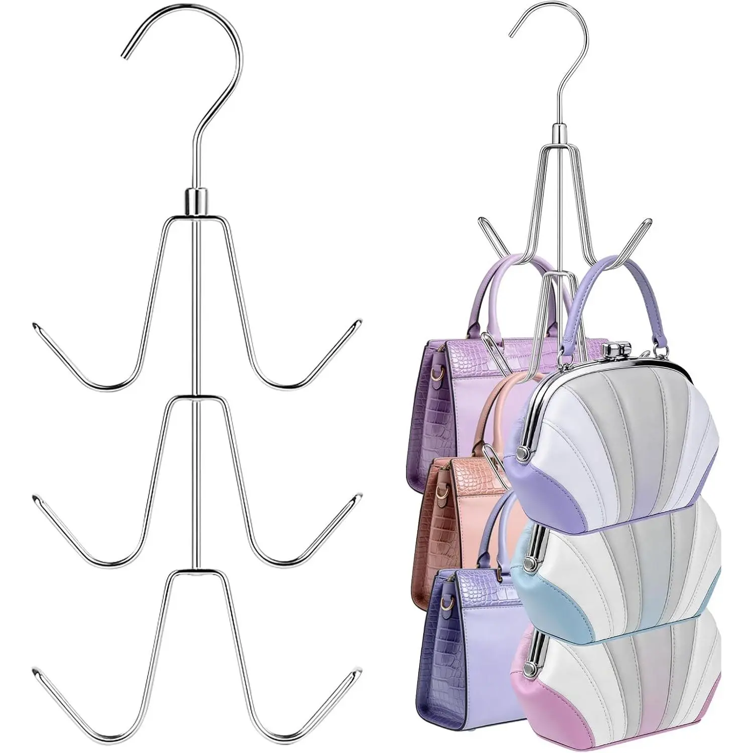 6-Hook Purse & Handbag Hanger for Closet, 360° Swivel, 30 LB | Metal, Keeps Bags in Shape & Visible – Also for Belts, Ties, Scarves, Hats