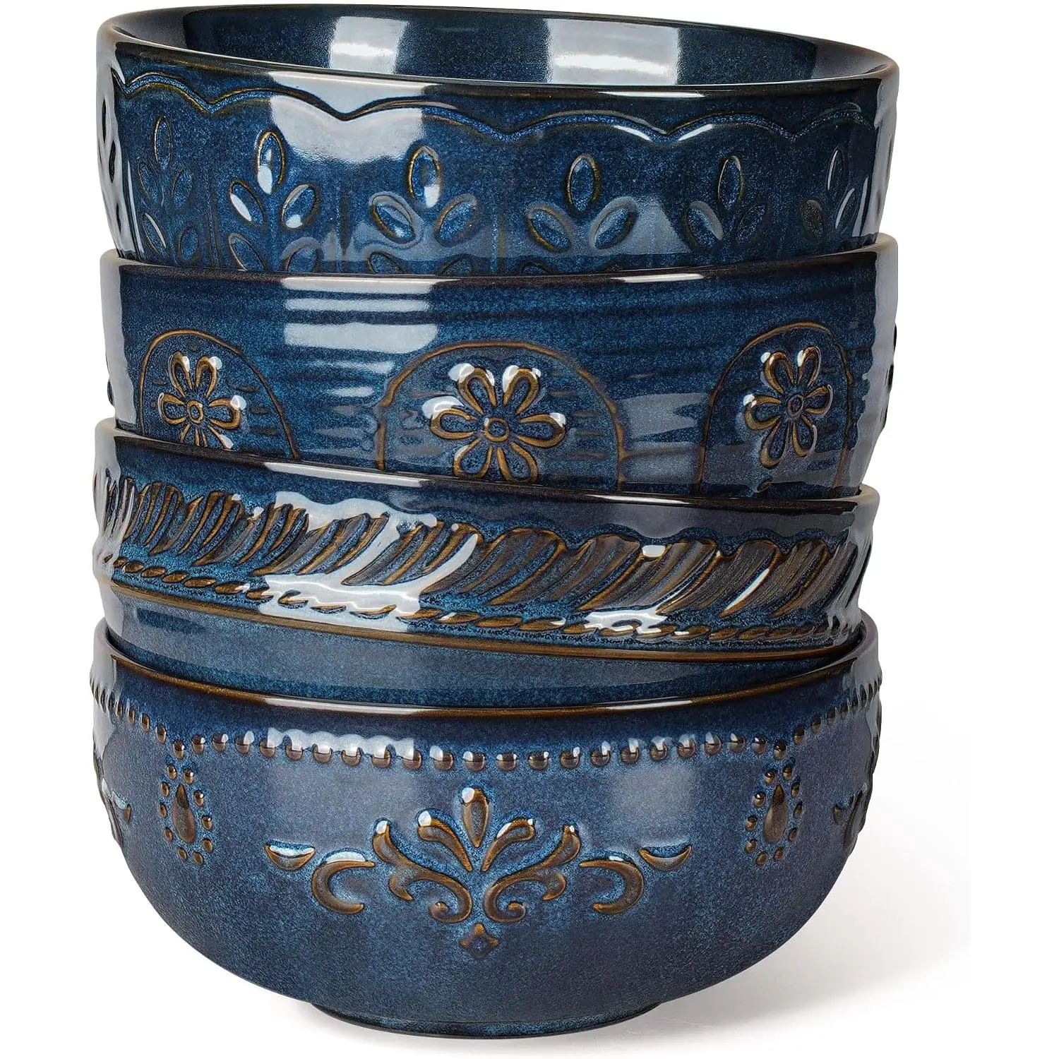 Artena Artisan Ceramic Tableware Bowls Set - 4-Pack 32 oz 6.3 in Pinwheel Flower Blue Decorative Pottery, Cereal Bowls for Friends, Dining, Dishwasher & Microwave Safe, Everyone
