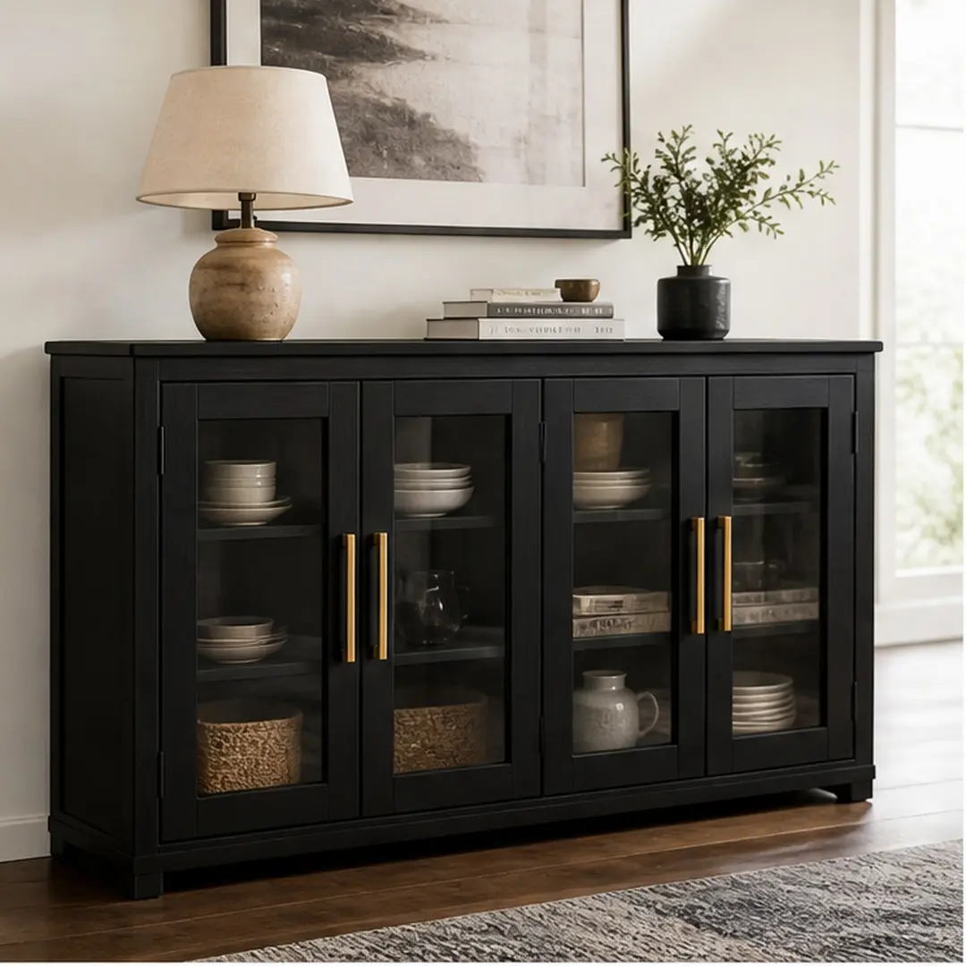 ARCH Black Finish 4-Door Wood & MDF Sideboard Buffet Cabinet - 58in Wide, 17.8in W x 58in D x 33.3in H, 86.42lb, Glass Doors, Gold Handles, Adjustable Shelves, Ample Tabletop Space, Compartments, Assembly Required, Modern Farmhouse Dining Room Furniture,