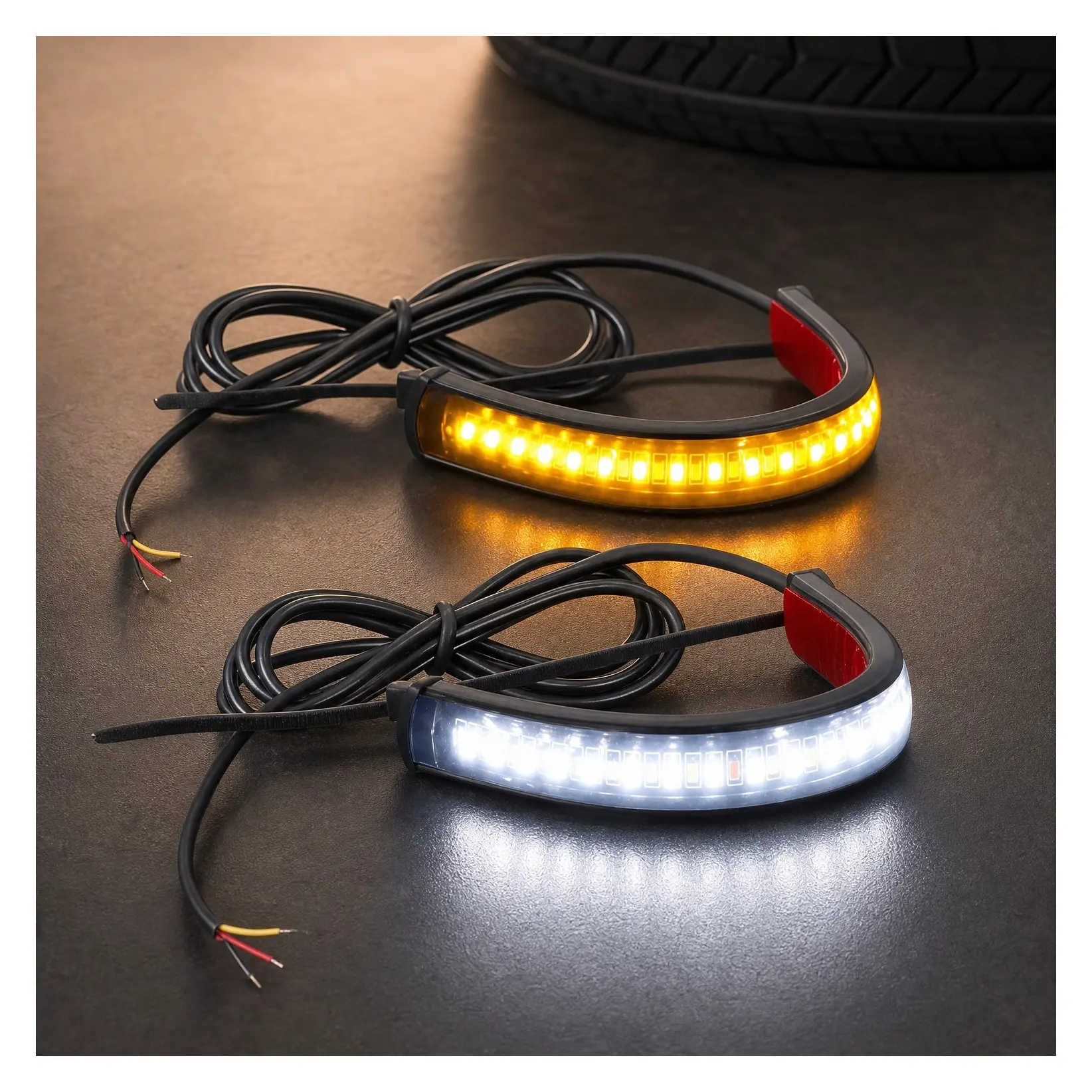 2PC Flexible Switchback Dual-Color White & Amber Motorcycle LED Fork Turn Signal Lights DRL Daytime Running Light Waterproof Adjustable Strip Kit Universal Fit Motorbike (39mm-70mm)Gift